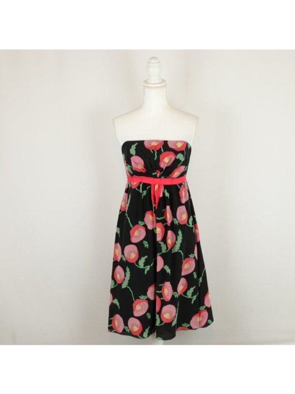 Anna Sui Papaver Women's Size 6 Black Pink Floral Silk Woven Strapless Dress